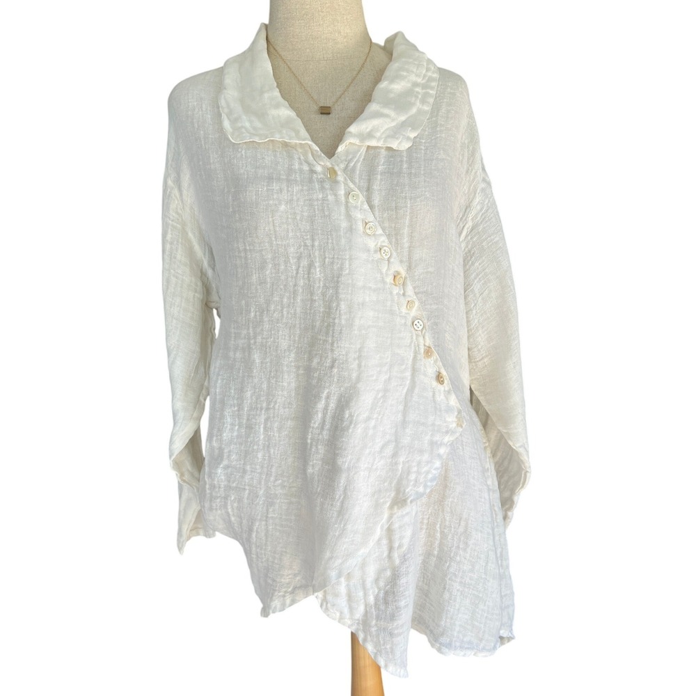 Krista Larson Tunic Top White Linen Gauze Lagenlook Asymmetrical Coastal Breezy